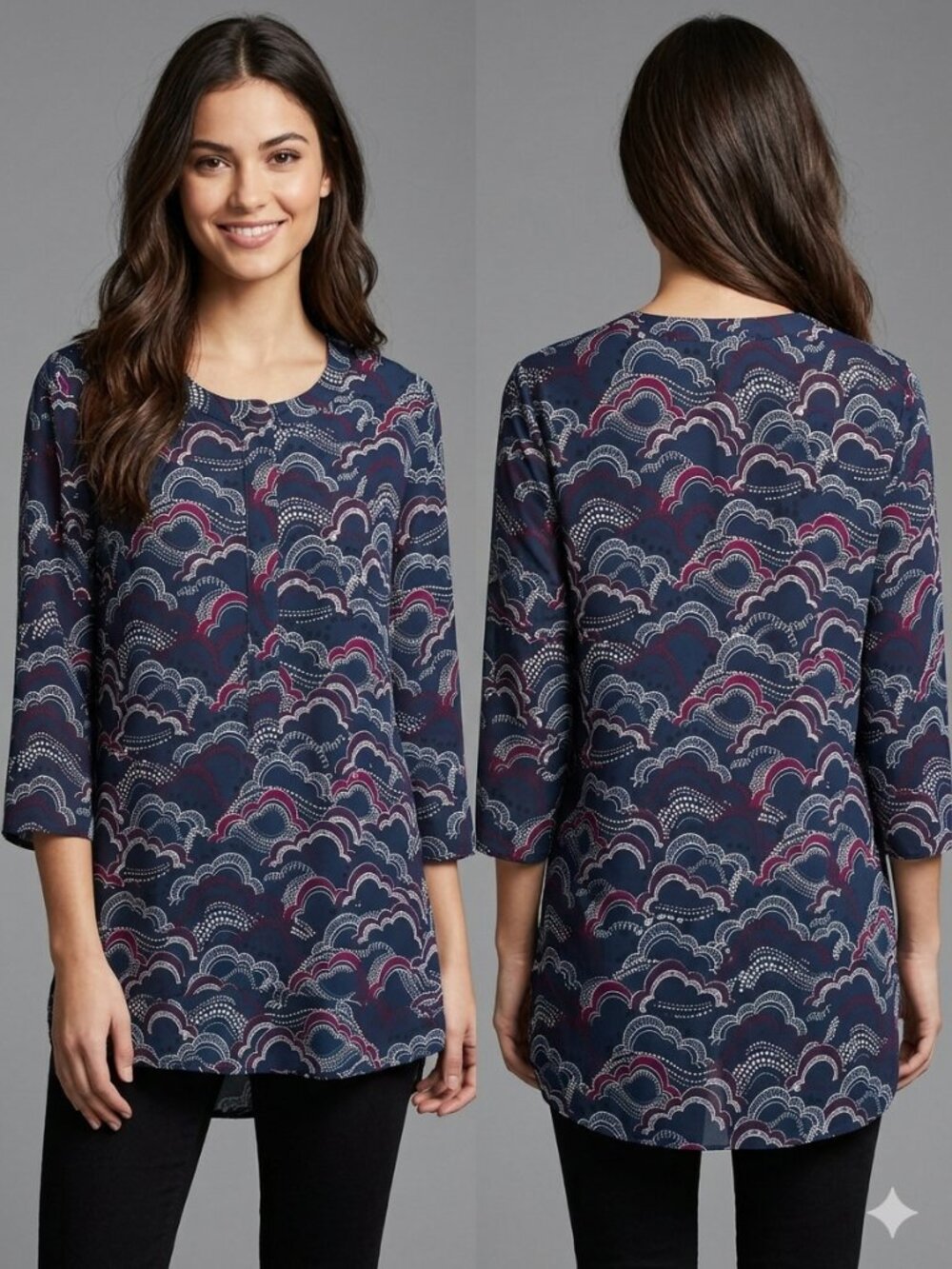Express Women's Large Blouse Navy Pink Cloud Abstract Print 3/4 Sleeve V-Neck L